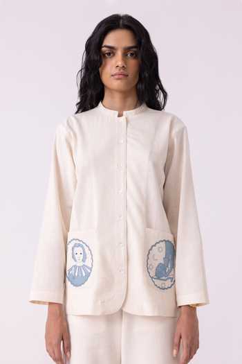 Shop_The Summer House_Off White Handloom Cotton Mandarin Collar Alma Handwoven Shacket _Online_at_Aza_Fashions