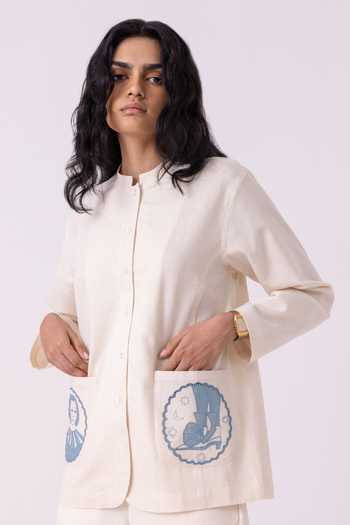 The Summer House_Off White Handloom Cotton Mandarin Collar Alma Handwoven Shacket _at_Aza_Fashions