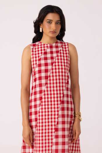 Shop_The Summer House_White Cotton Round Neck Waltz Red Checkered Handwoven Dress _Online_at_Aza_Fashions