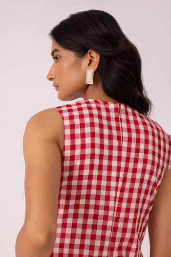 Buy_The Summer House_White Cotton Round Neck Waltz Red Checkered Handwoven Dress 