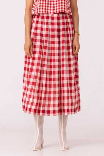 The Summer House_White Cotton June Red Checkered Handwoven Skirt _Online_at_Aza_Fashions