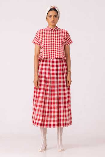 Buy_The Summer House_White Cotton June Red Checkered Handwoven Skirt _Online_at_Aza_Fashions