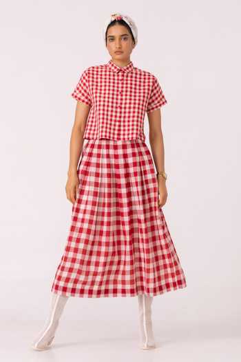 Shop_The Summer House_White Cotton June Red Checkered Handwoven Skirt _Online_at_Aza_Fashions
