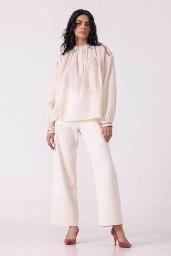 Buy_The Summer House_Off White Cotton, Twill Mandarin Collar Sveta Handwoven Top _Online_at_Aza_Fashions