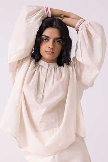 Shop_The Summer House_Off White Cotton, Twill Mandarin Collar Sveta Handwoven Top _Online_at_Aza_Fashions