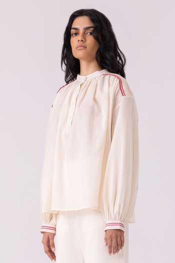 The Summer House_Off White Cotton, Twill Mandarin Collar Sveta Handwoven Top _at_Aza_Fashions