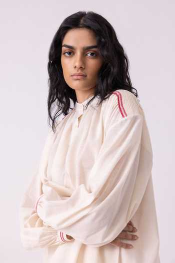 Shop_The Summer House_Off White Cotton, Twill Mandarin Collar Sveta Handwoven Top 