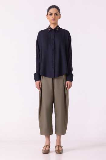 The Summer House_Olive Green Cotton, Twill Elinor Barrel Pant _Online_at_Aza_Fashions