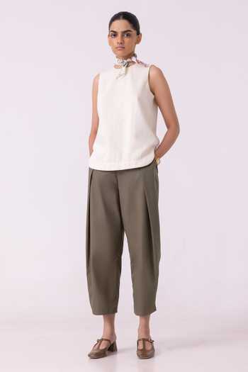 Buy_The Summer House_Olive Green Cotton, Twill Elinor Barrel Pant _Online_at_Aza_Fashions
