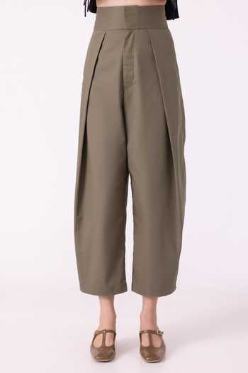 The Summer House_Olive Green Cotton, Twill Elinor Barrel Pant _at_Aza_Fashions