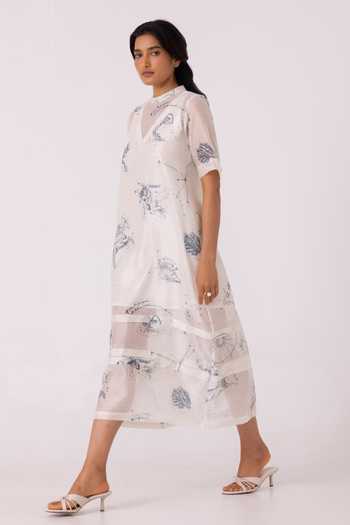 The Summer House_Multi Color Chanderi High Neck Larisa Zodiac Print Handwoven Dress _Online_at_Aza_Fashions