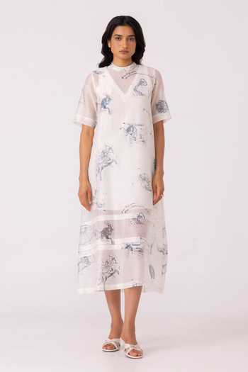 Buy_The Summer House_Multi Color Chanderi High Neck Larisa Zodiac Print Handwoven Dress _Online_at_Aza_Fashions
