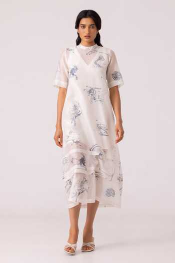 Shop_The Summer House_Multi Color Chanderi High Neck Larisa Zodiac Print Handwoven Dress _Online_at_Aza_Fashions