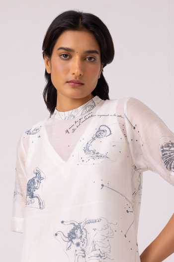 The Summer House_Multi Color Chanderi High Neck Larisa Zodiac Print Handwoven Dress _at_Aza_Fashions