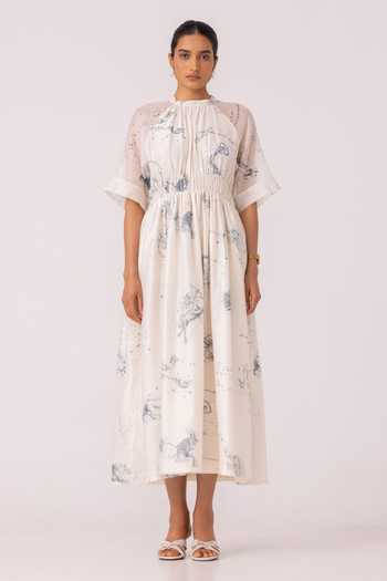 The Summer House_Multi Color Chanderi Round Neck Arha Zodiac Print Handwoven Dress _Online_at_Aza_Fashions