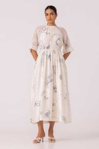 Buy_The Summer House_Multi Color Chanderi Round Neck Arha Zodiac Print Handwoven Dress _Online_at_Aza_Fashions