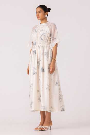 Shop_The Summer House_Multi Color Chanderi Round Neck Arha Zodiac Print Handwoven Dress _Online_at_Aza_Fashions
