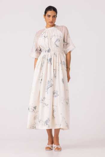 The Summer House_Multi Color Chanderi Round Neck Arha Zodiac Print Handwoven Dress _at_Aza_Fashions