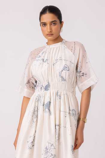 Shop_The Summer House_Multi Color Chanderi Round Neck Arha Zodiac Print Handwoven Dress 