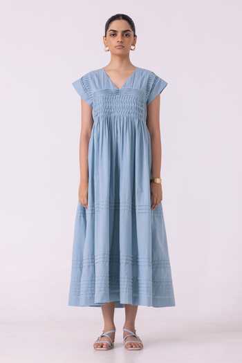 The Summer House_Blue Cotton, Cambric V-neck Aelia Pleated Midi Dress _at_Aza_Fashions