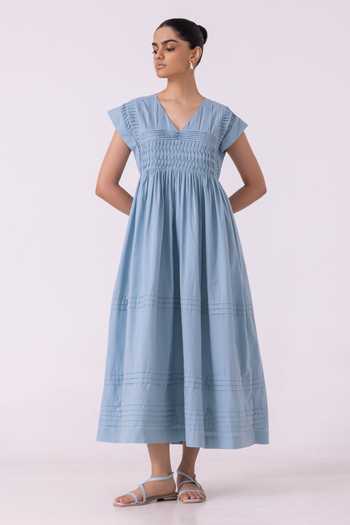 Shop_The Summer House_Blue Cotton, Cambric V-neck Aelia Pleated Midi Dress 