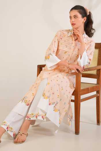Moh India_Peach Linen Collared, Yes Soft Bloom Kurta Set _Online_at_Aza_Fashions