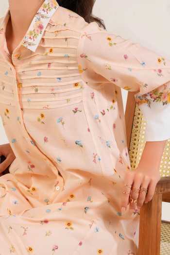 Buy_Moh India_Peach Linen Collared, Yes Soft Bloom Kurta Set _Online_at_Aza_Fashions