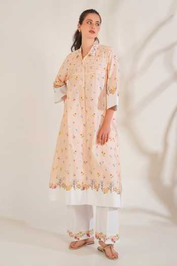 Shop_Moh India_Peach Linen Collared, Yes Soft Bloom Kurta Set _Online_at_Aza_Fashions