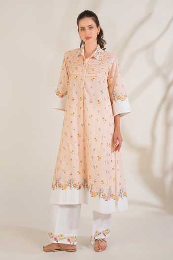 Moh India_Peach Linen Collared, Yes Soft Bloom Kurta Set _at_Aza_Fashions