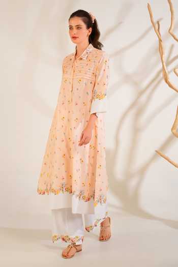 Buy_Moh India_Peach Linen Collared, Yes Soft Bloom Kurta Set 