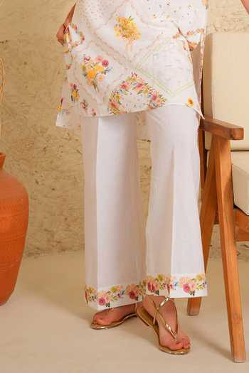 Moh India_White Linen Collared, Yes Quite Bloom Kurta Set _Online_at_Aza_Fashions