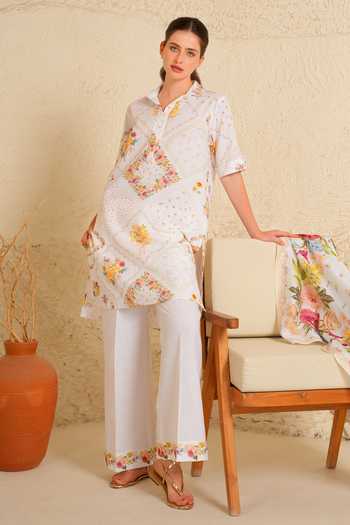 Buy_Moh India_White Linen Collared, Yes Quite Bloom Kurta Set _Online_at_Aza_Fashions