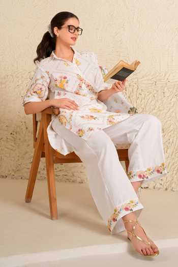 Buy_Moh India_White Linen Collared, Yes Quite Bloom Kurta Set 