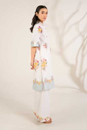 Moh India_Pink Linen Collared Still Summer Kurta Set _Online_at_Aza_Fashions