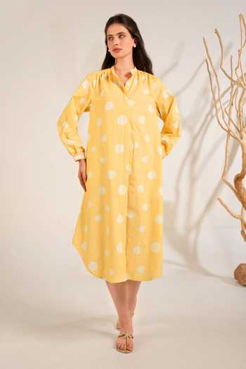 Moh India_White Cotton, Poplin Mandarin Collar Marigold Shirt Kurta And Pant Set _Online_at_Aza_Fashions