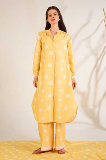 Shop_Moh India_White Cotton, Poplin Mandarin Collar Marigold Shirt Kurta And Pant Set _Online_at_Aza_Fashions