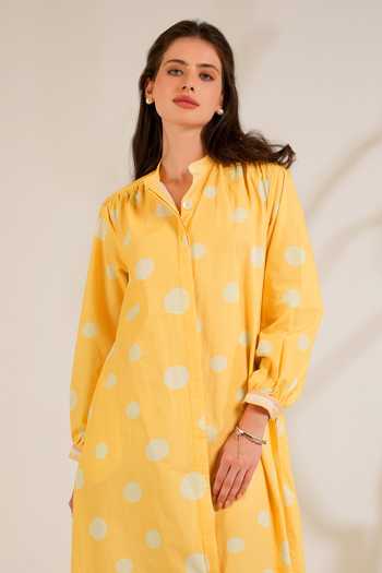 Moh India_White Cotton, Poplin Mandarin Collar Marigold Shirt Kurta And Pant Set _at_Aza_Fashions