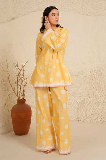 Moh India_White Linen Collared Marigold Shirt Tunic And Pant Set _Online_at_Aza_Fashions