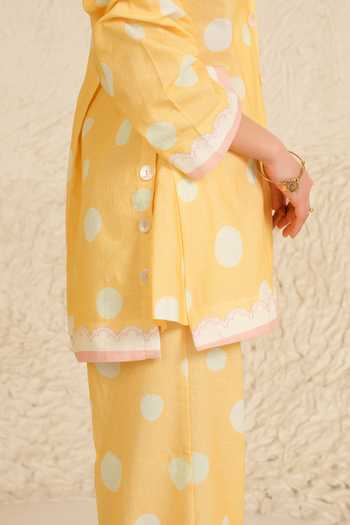 Buy_Moh India_White Linen Collared Marigold Shirt Tunic And Pant Set _Online_at_Aza_Fashions