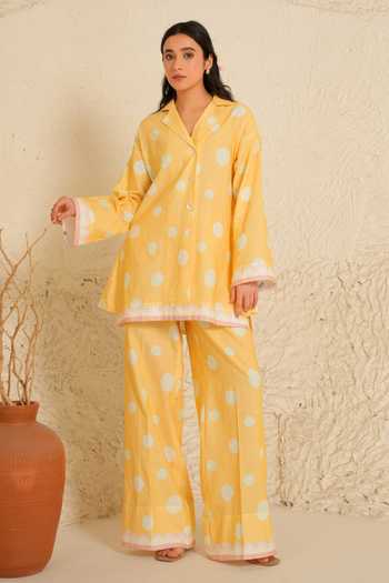 Shop_Moh India_White Linen Collared Marigold Shirt Tunic And Pant Set _Online_at_Aza_Fashions