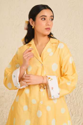 Moh India_White Linen Collared Marigold Shirt Tunic And Pant Set _at_Aza_Fashions