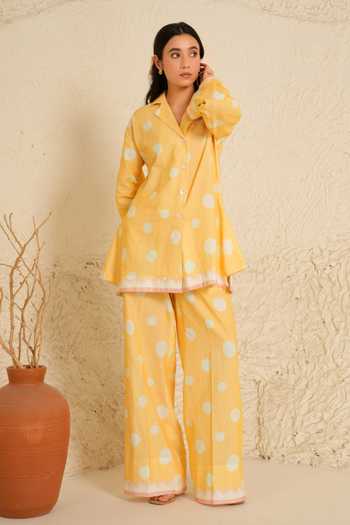 Buy_Moh India_White Linen Collared Marigold Shirt Tunic And Pant Set 