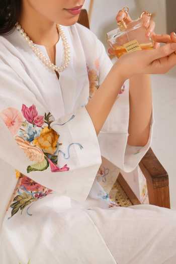 Moh India_White Linen V-neck Summer Love Shirt Kurta Set _Online_at_Aza_Fashions