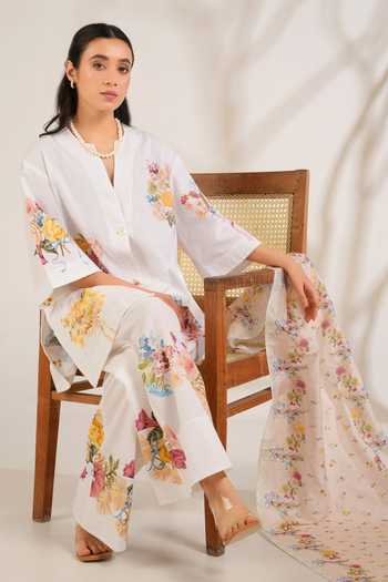 Buy_Moh India_White Linen V-neck Summer Love Shirt Kurta Set _Online_at_Aza_Fashions