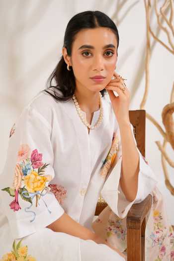 Shop_Moh India_White Linen V-neck Summer Love Shirt Kurta Set _Online_at_Aza_Fashions