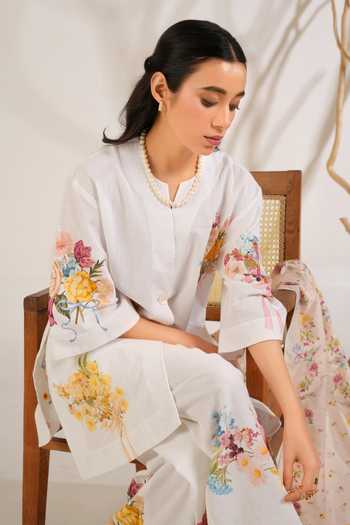 Moh India_White Linen V-neck Summer Love Shirt Kurta Set _at_Aza_Fashions