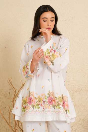 Moh India_Pink Linen Mandarin Collar, Yes Rituals Floral Pattern Kurta And Pant Set _Online_at_Aza_Fashions