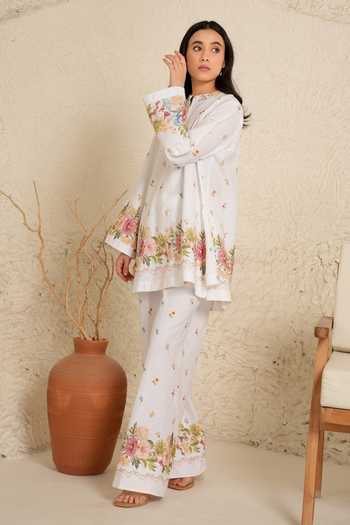 Buy_Moh India_Pink Linen Mandarin Collar, Yes Rituals Floral Pattern Kurta And Pant Set _Online_at_Aza_Fashions