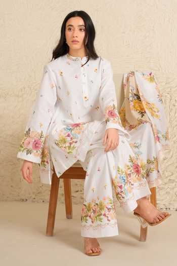 Shop_Moh India_Pink Linen Mandarin Collar, Yes Rituals Floral Pattern Kurta And Pant Set _Online_at_Aza_Fashions
