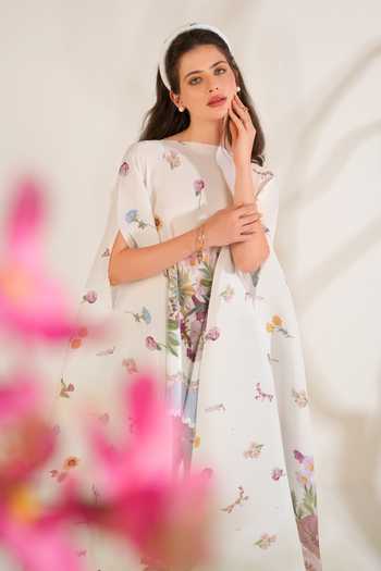 Moh India_White Chanderi, Satin Round Neck Rituals Floral Pattern Cape And Pant Set _Online_at_Aza_Fashions